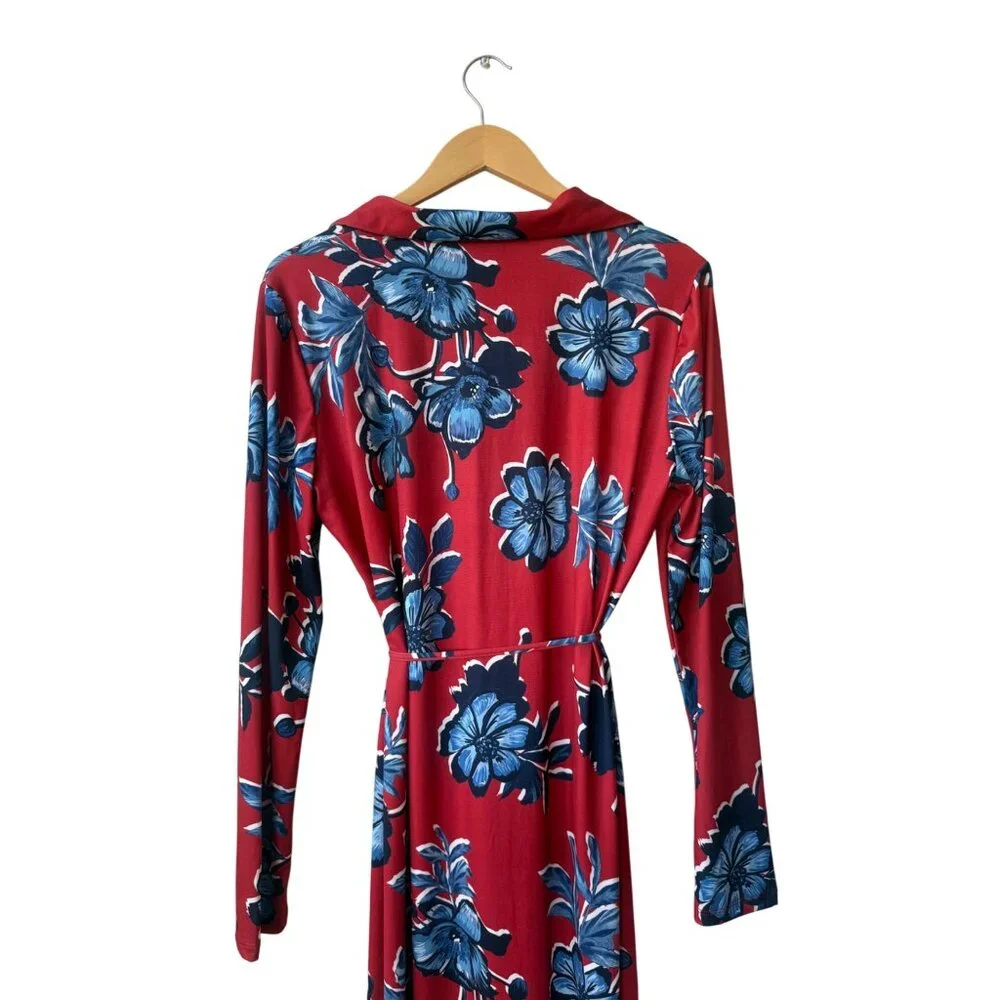 Zara Long Sleeve Shirt Dress Size L Boho Button Down Belted Red Blue Floral Midi - Picture 6 of 12